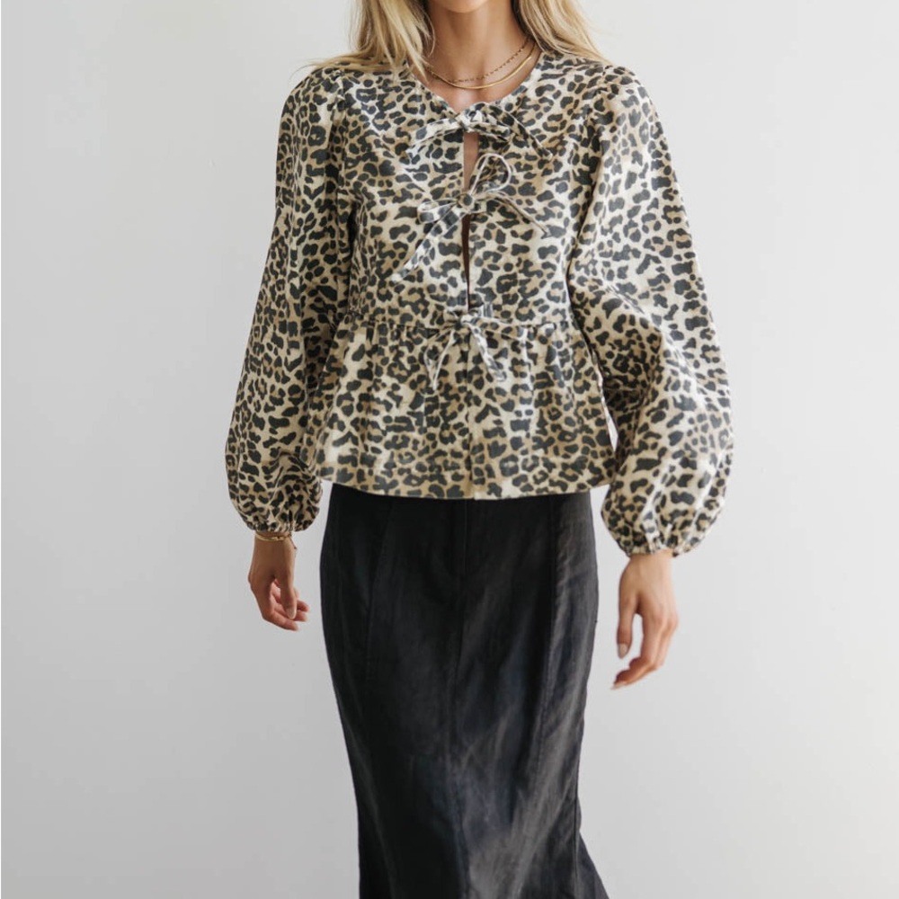 NWT Böhme Leopard Bow Puff Sleeve Long Sleeve Top